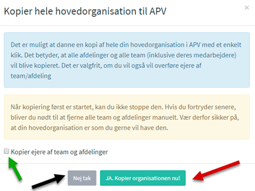 Kopier hovedorganisation til APV organisation