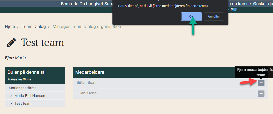 fjern medarbejder i team dialog