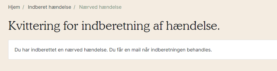 Kvittering for indberetning af hændelse