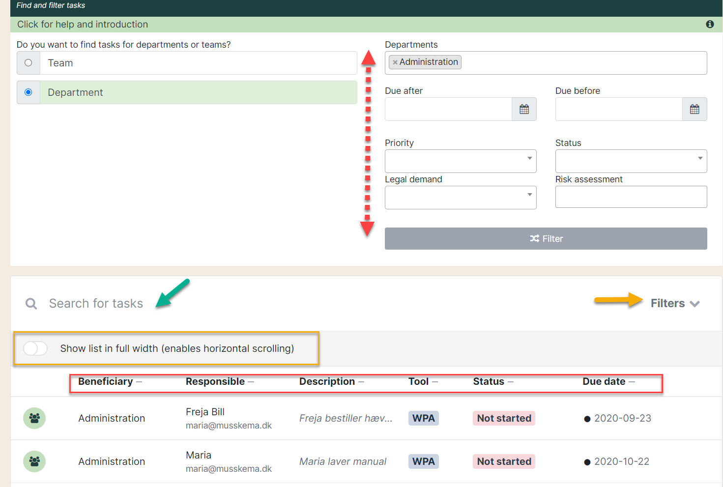 Filter WPA tasks